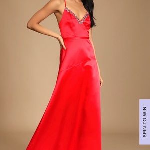 LULU’s In My Fantasy Red Satin Rhinestone Maxi Dress NWT